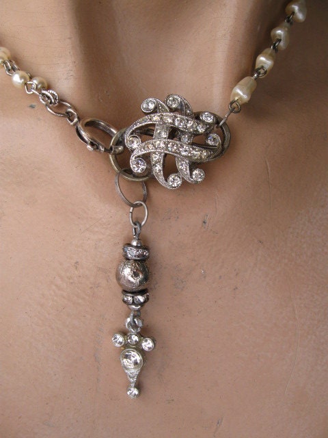 After The Rain... vintage repurposed paste and faux pearl choker necklace