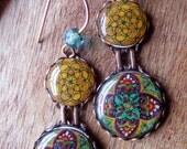 Mexican Talavera plate, dangle earrings, statement earrings, Mexican Folk art jewelry, pottery, Mustard yellow, Turquoise blue