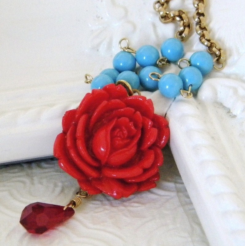 Vintage Red Rose Turquoise Swarovski Glass Pearl Necklace