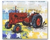 Red Tractor Art, Original Panel Painting on Wood