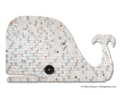 White Whale, Silver or Natural Recycled Leather and Wood, Wall Art Assemblage, Made to Order