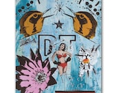 Comic Book Illustration on Wood, Bright Blue Wall Art, Canary and Tulip, Summertime Decor