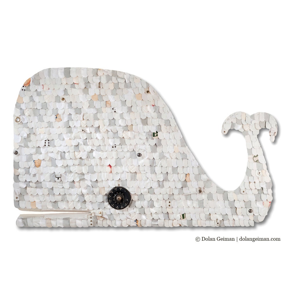 White Whale, Silver or Natural Recycled Leather and Wood, Wall Art Assemblage, Made to Order