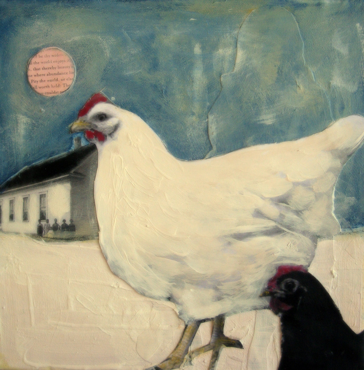 Hens by moonlight chicken portrait painting on canvas