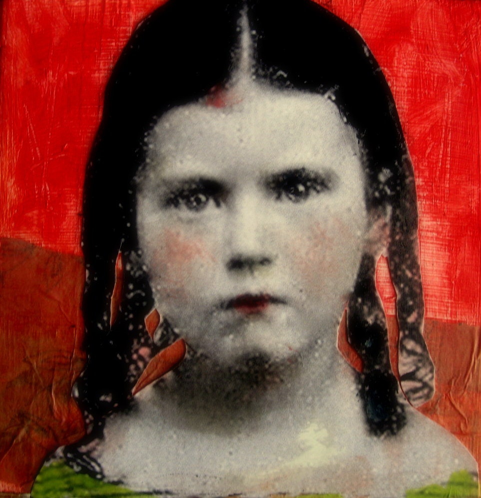 Millie original vintage little chunky mixed media painting  on wood Heather Murray reserved for Bridget