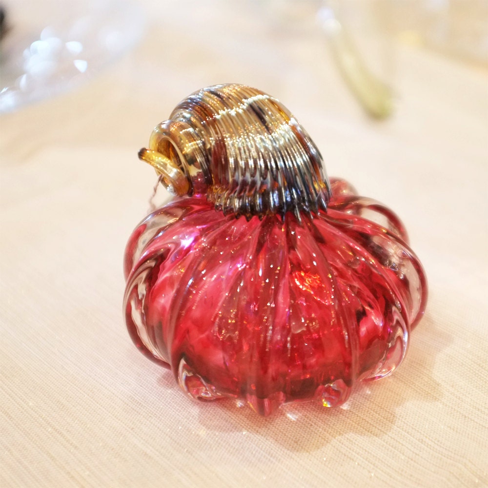 Hand-Blown Ruby Pumpkin with Metallic Gold Stem