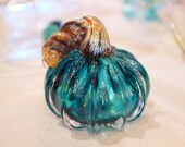 Hand-Blown Teal Pumpkin with Metallic Gold Stem