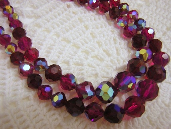 Vintage Double Strand Burgundy Aurora Borealis Crystal Beaded Necklace