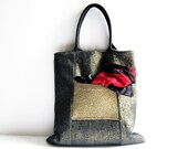 Metallic gold bag denim purse gold lurex knitted pocket tote cotton handbag black leather handles memake handmade fashion
