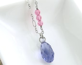 Sterling Silver Wire Wrapped Necklace Swarovski Crystal Tanzanite Rose Pink Handmade Fashion Jewelry - Held Within No. 11 - Under 50