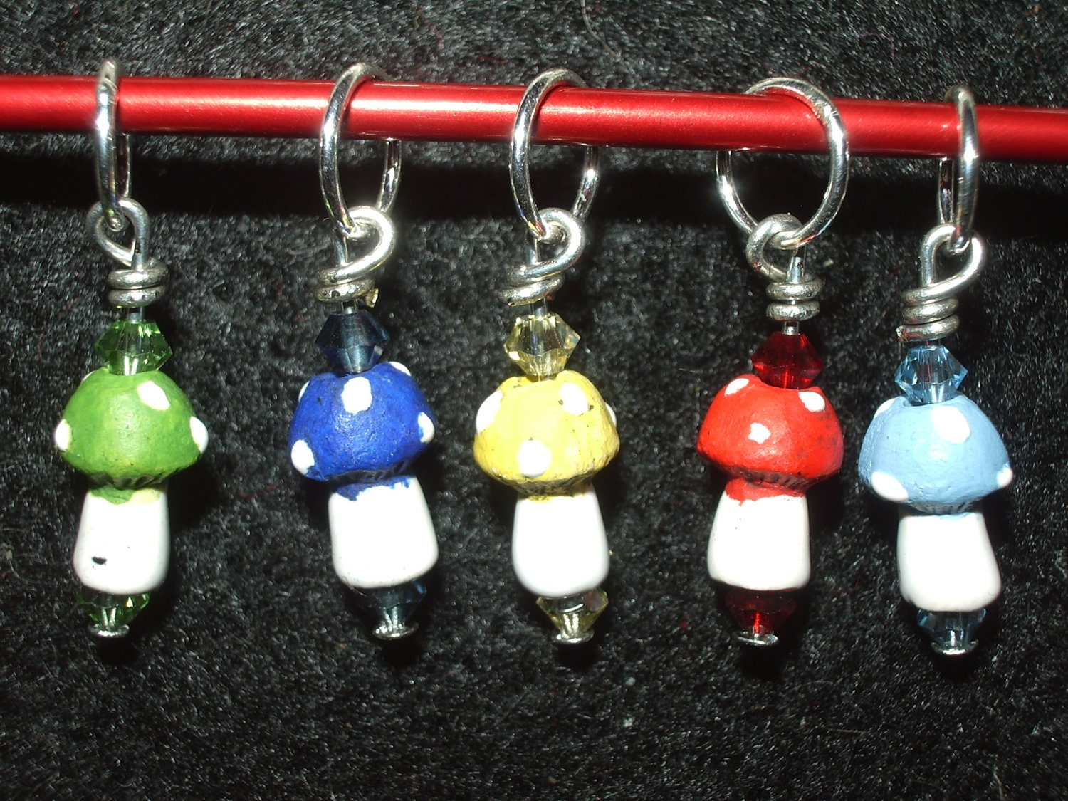 Colorful mushroom stitch markers with matching crystals - set of five