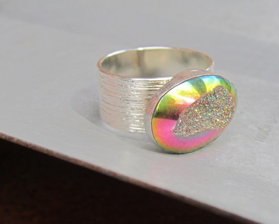 Rainbow Titanium Druzy Quartz Oval on Adjustable Band by Heidi Urbanski