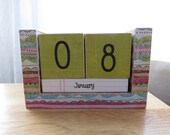 Perpetual Wooden Block Calendar - Artsy Doodle Stripes - Green Pink Turquoise