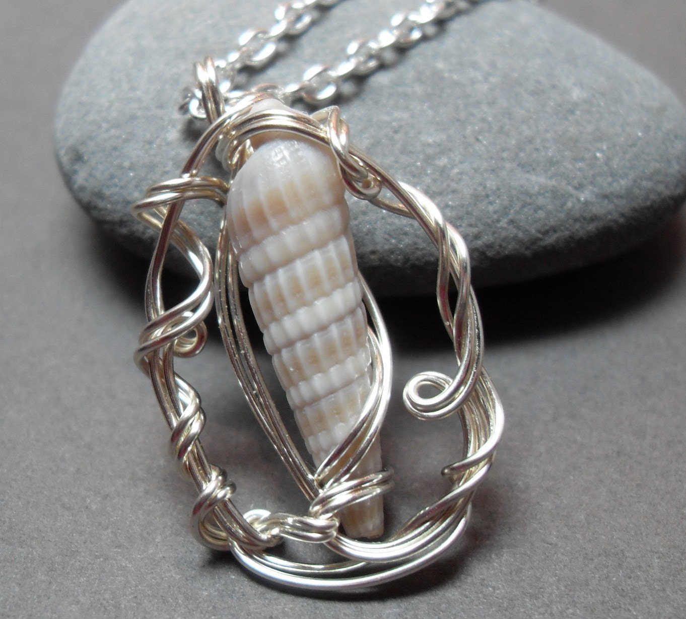 Spiral Cone Sea Shell and Silver Sculpted Wire Necklace