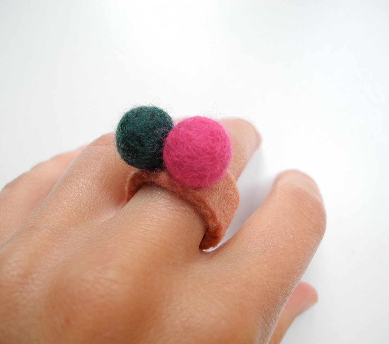 Felted Double Ball Ring . Magenta and Teal