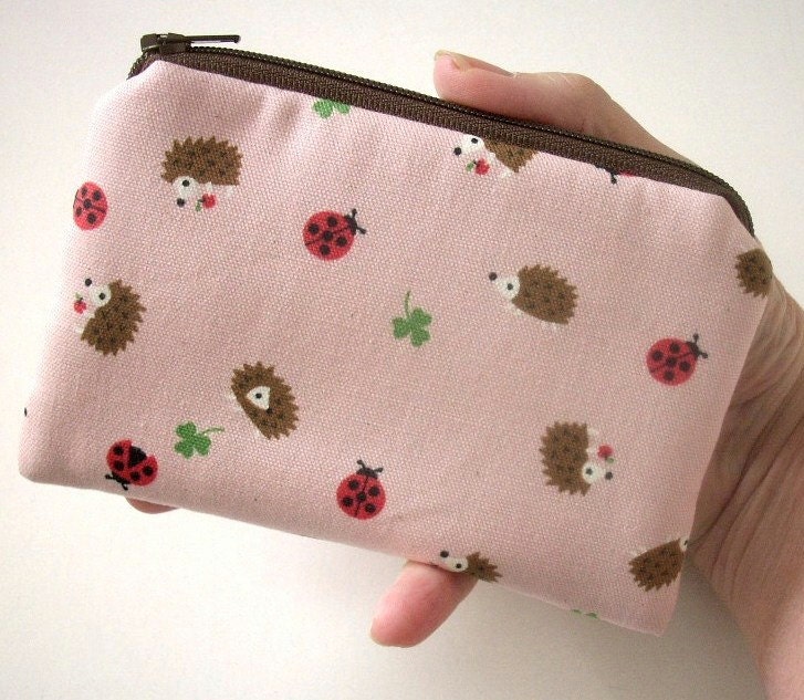 Pink Hedgehog Coin Purse Zipper pouch Gadget Case Eco Friendly Padded Linen Japanese Import NEW