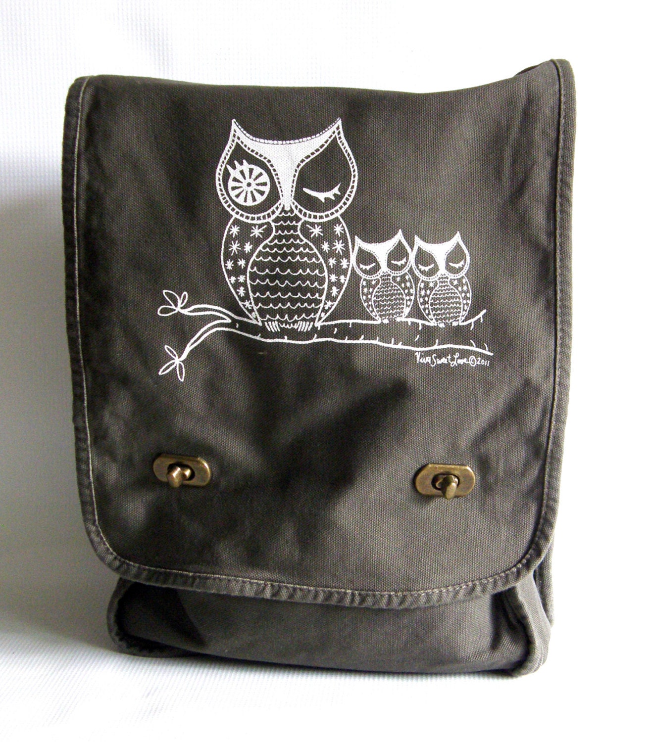 Owl Messenger Bag--Field Bag-- Hand Screen Printed Cotton Canvas-Khaki Green-gift for her