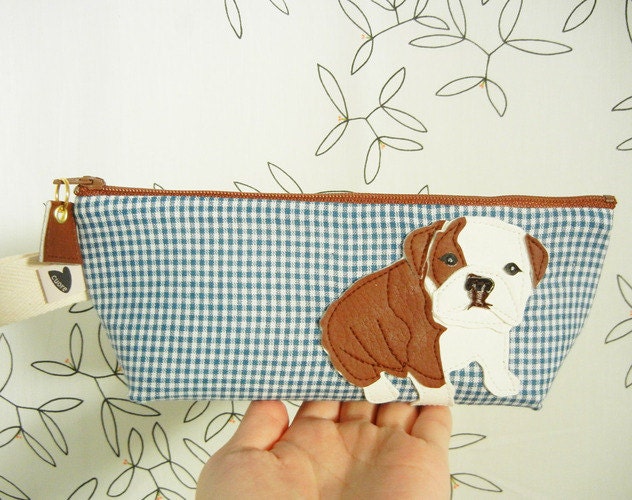 Boris the Bulldog Vintage Blue and White Gingham Check Cotton Canvas Case with Vinyl Applique
