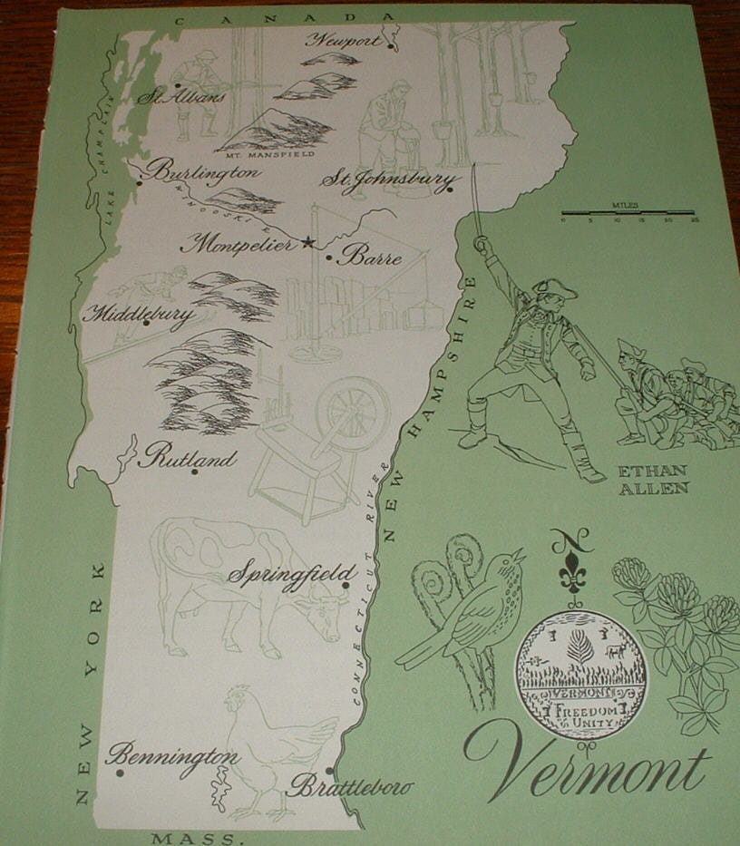 1961 VERMONT State Pictorial Map Great for Framing