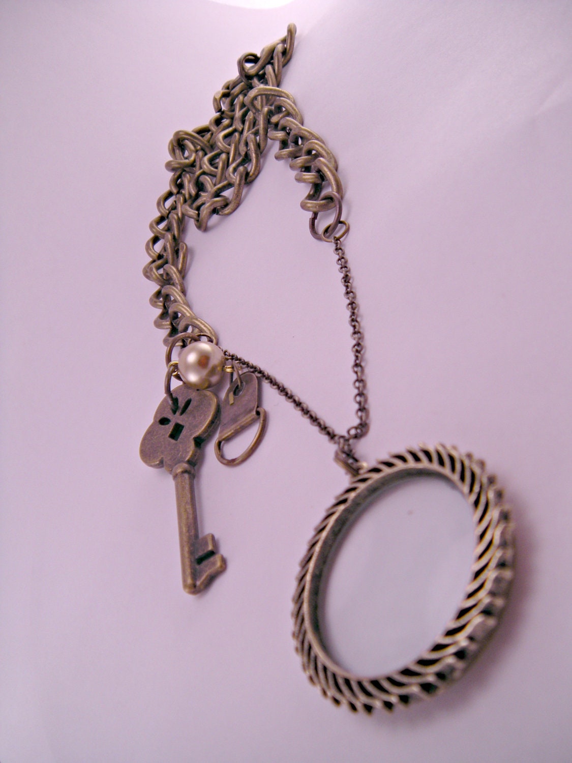 Brass Steampunk and Magnifying Glass Necklace Pendant with Key and Other Goodies