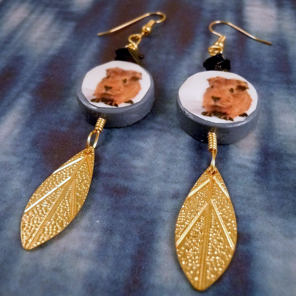 BABY GUINEA PIG Earrings - 3 1/3" Long Shoulder Dusters - Blue Polymer Clay Photo Charms with Blue Goldstone Chips and Gold Leaf Dangles