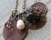 Menagerie Necklace with Antique Coins, Freshwater Pearl, Onyx, Crystal and Brass