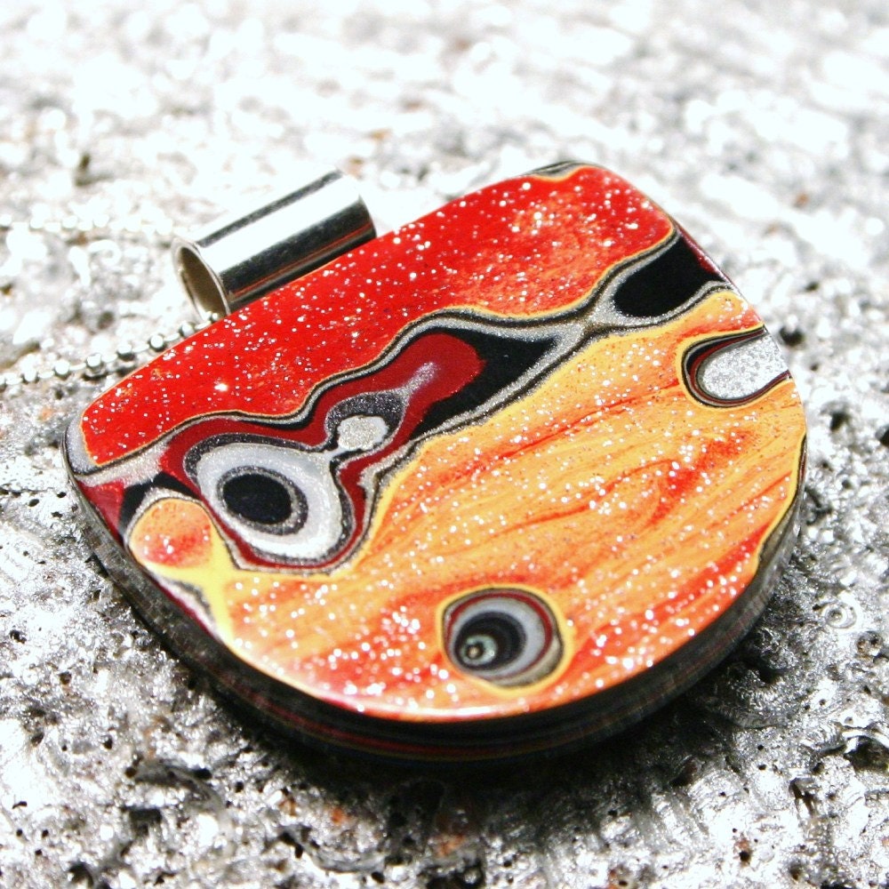 Detroit Fordite ... Recycled Vintage Auto Paint ... Red Orange Sunset Medallion on Sterling Silver - Drive All Night Necklace