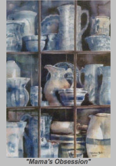 20 percent off   Mamas obsession  art print by  Jo Ann Cooksey Bono  watercolor  blue dishes in cabinet  art  limited edition