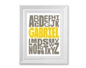 Custom Name Alphabet Poster 11 x 14 - Personalized ABC Nursery Art Print - Yellow and Gray