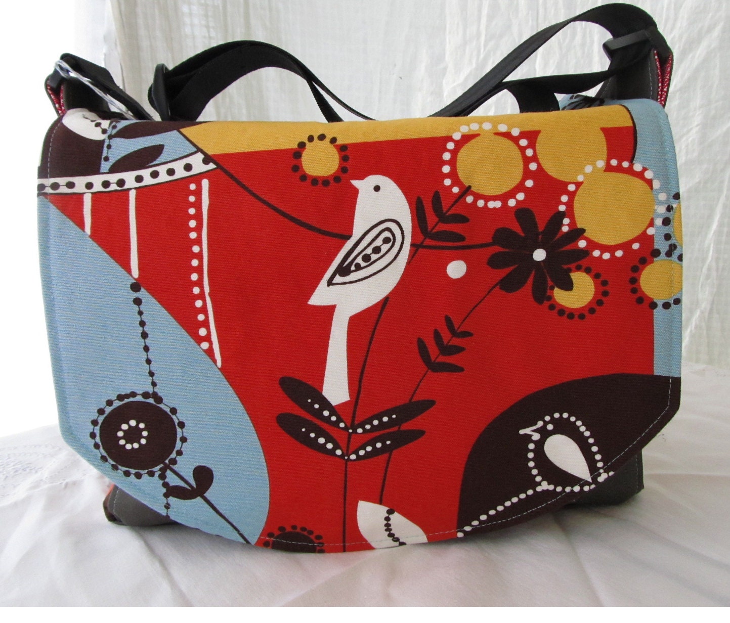 Handmade Messenger Book Bag Cross Body Bag - Swedish Sunshine Birdies- Made to Order