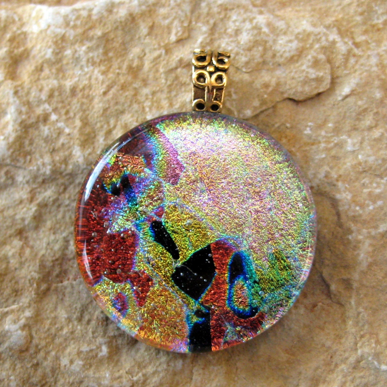Round Dichroic Fused Glass Pendant, Fused Glass Pendant , Dichroic Glass Slide -Southwest Desert Necklace