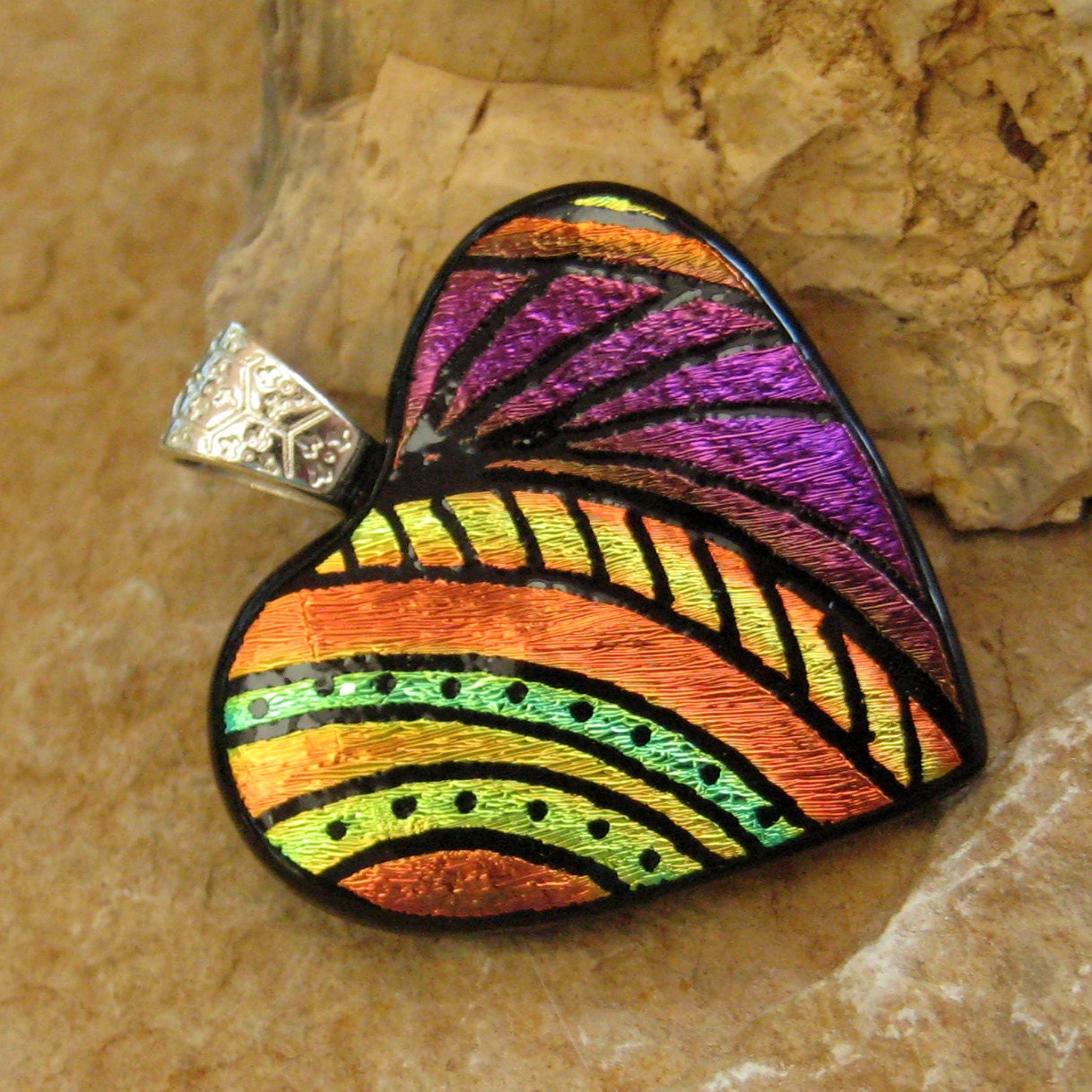 Dichroic Fused Glass Hand Etched Pendant, Fused Glass Heart Pendant - Heartfelt Memories