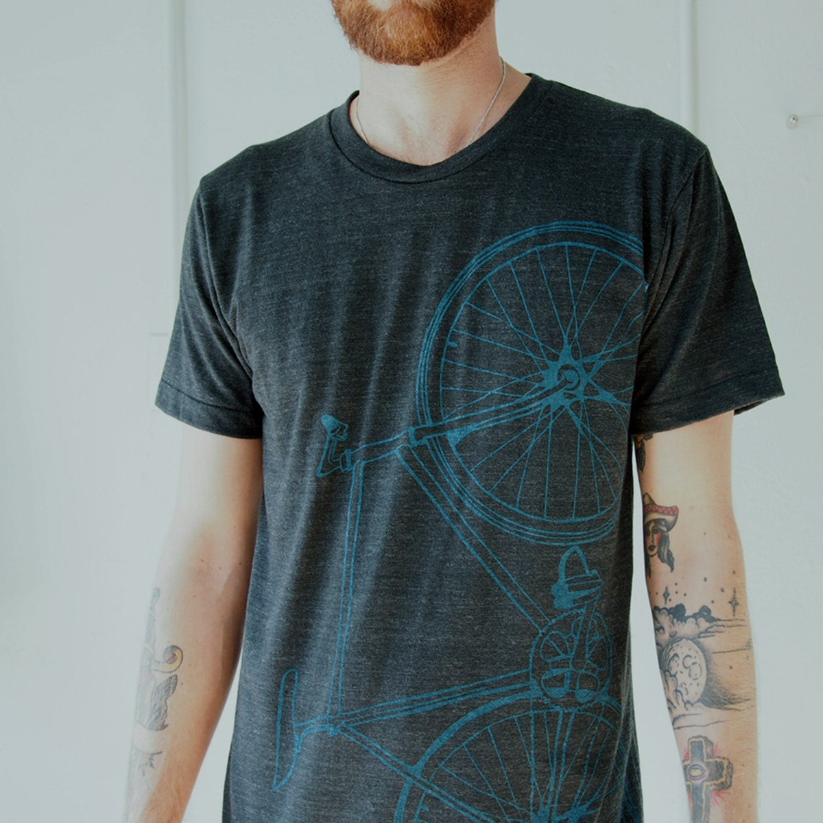 Medium - Fixie Bike - adult tshirt, teal bicycle on charcoal tri-blend