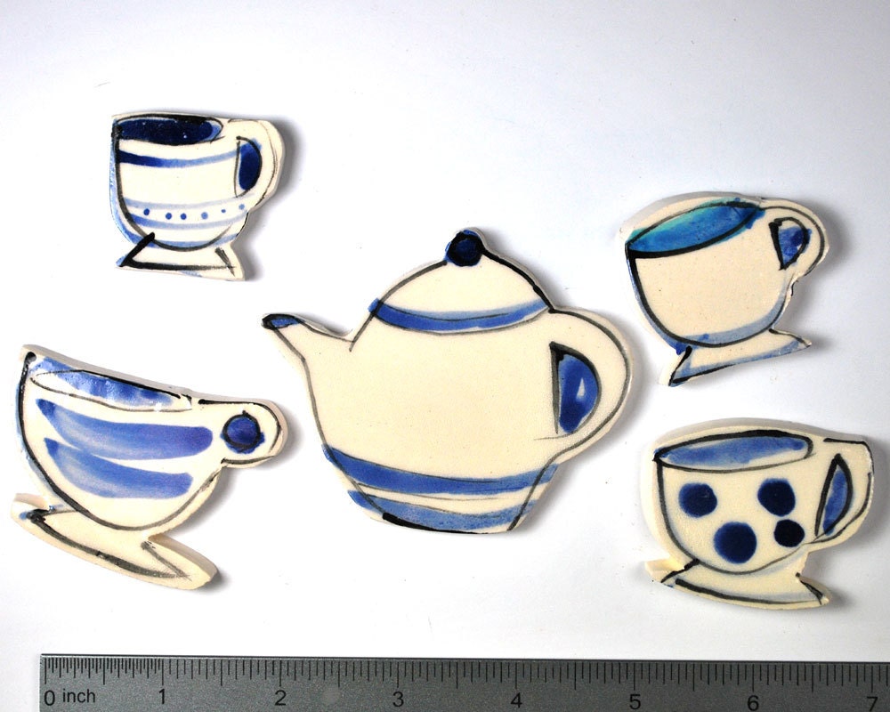 1 Teapot, Tea Pot, &  4 Teacups, Tea Cups Hand Painted Mosaic Tiles