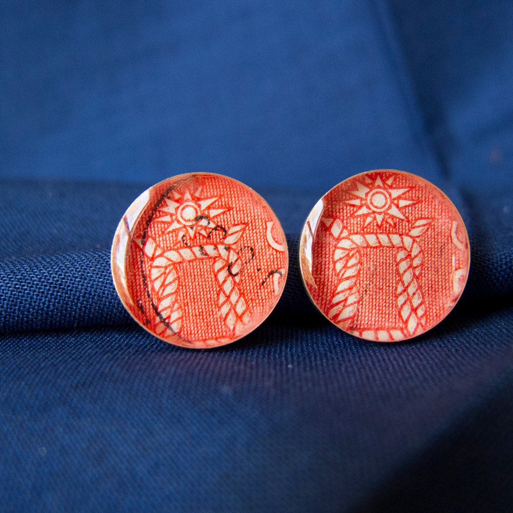 Norwegian Postage Stamp Button Earrings