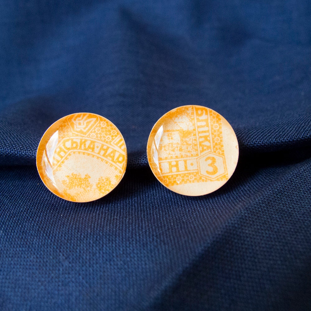Soviet Postage Stamp Button Earrings