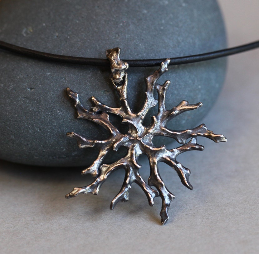 Coral medallion, sterling silver pendant on leather cord, ready to ship