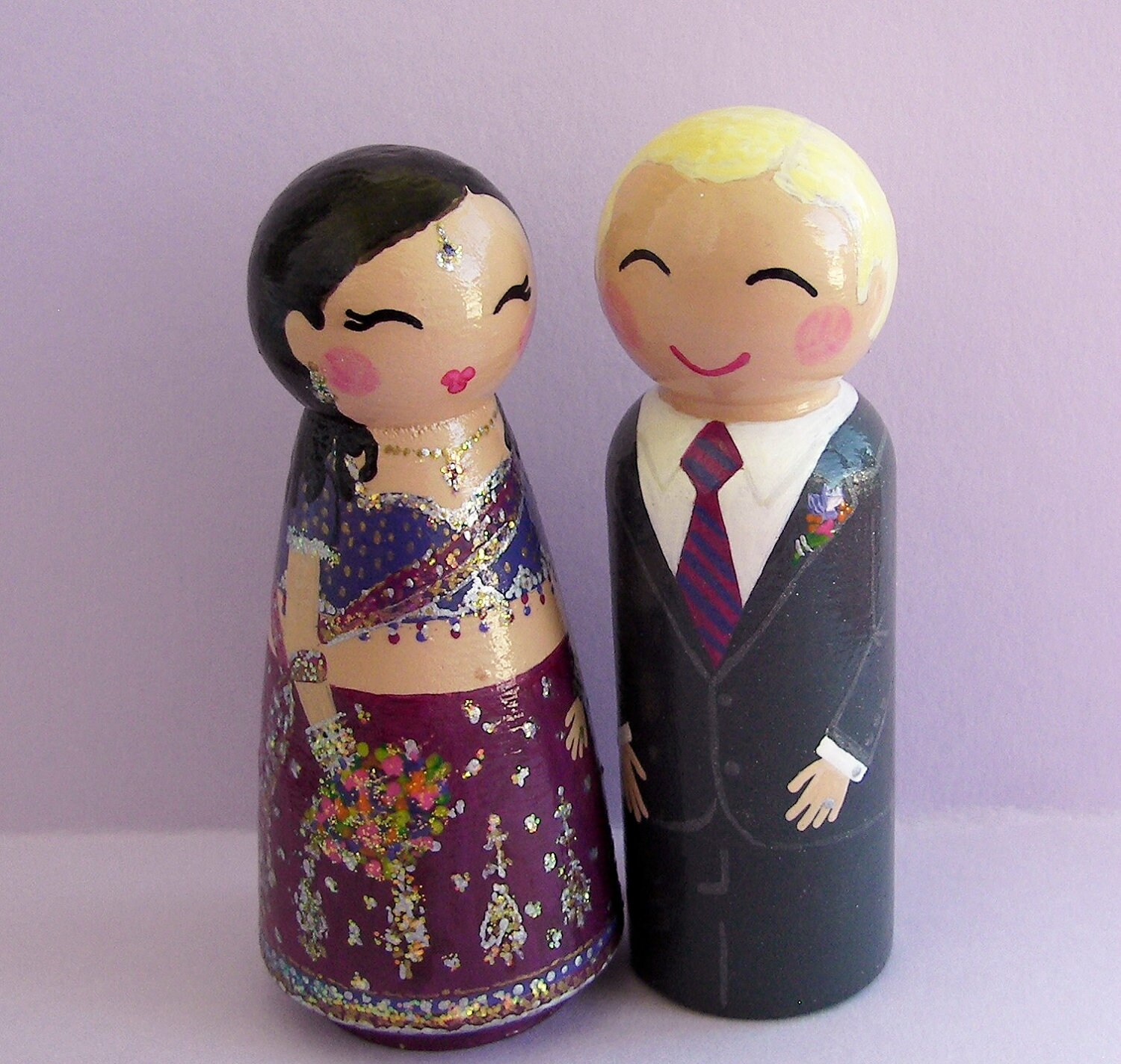 Hand Painted Love Boxes Custom Indian Wedding Bride and Groom Cake Topper Doll Wood