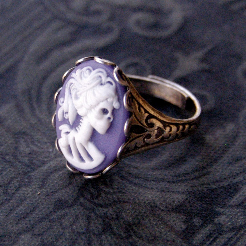 Skeleton Lady Cameo Ring- Purple, White and Silver