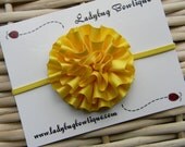 Petite Ruffled Satin Flower on a Skinny Elastic Headband or Hair Clip for Any Age - Custom Size - Sunny Yellow