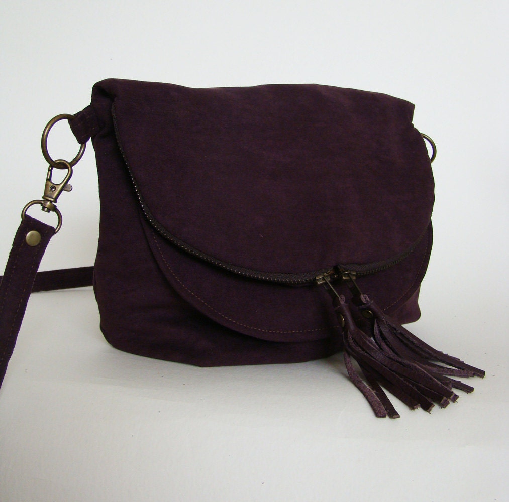 Mini Fold over Day Traveler Bag in aubergine, small convertible cross body or shoulder bag in plum suede with real leather tassels