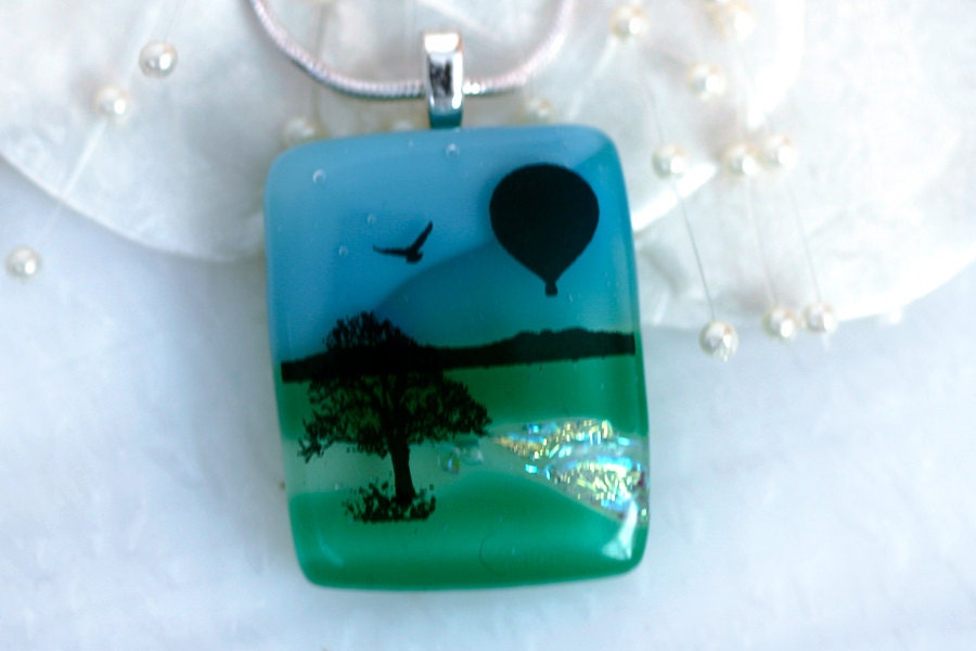 Hot Air Balloon Dichroic Fused Glass Pendant Jewelry Necklace - 00957