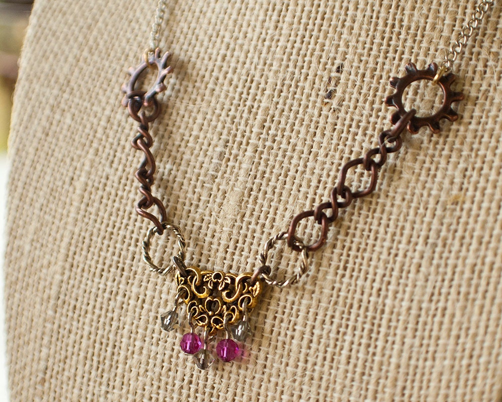 Pink Crystal Steampunk Necklace