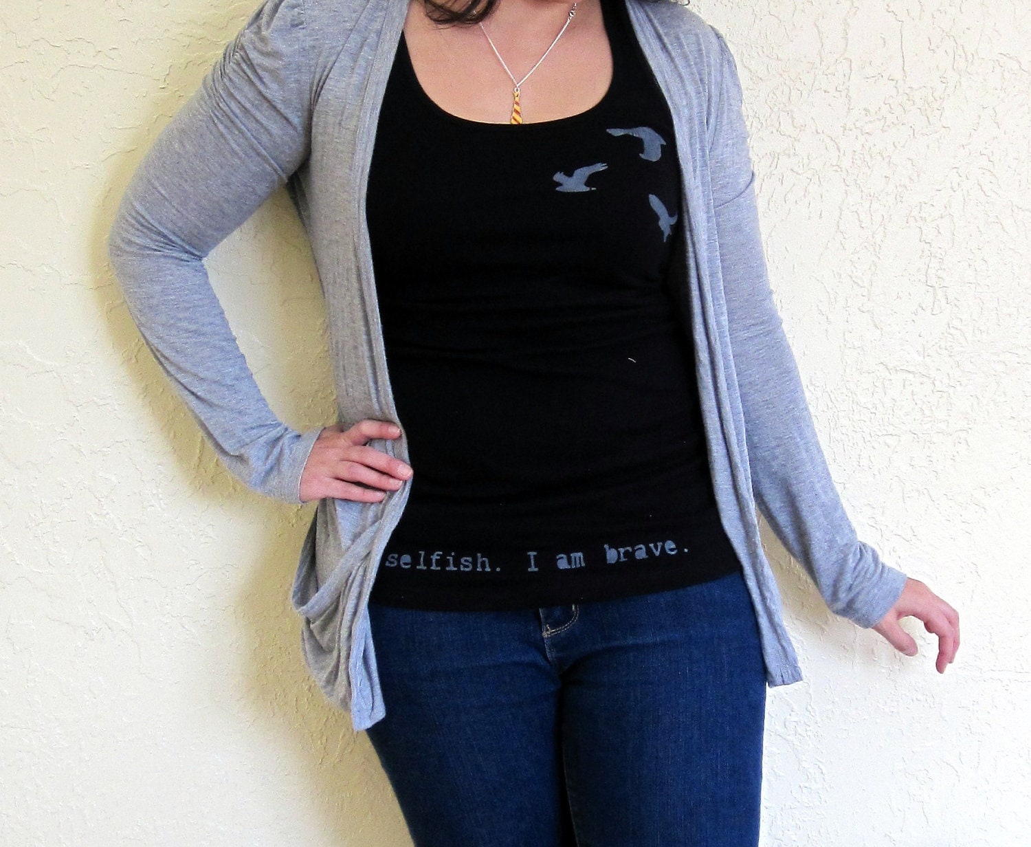 Divergent Tris Quote and Birds Shirt - Grey on Black