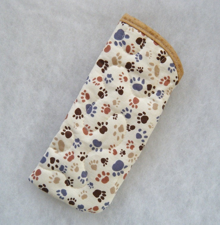 Quilted Eyeglass/sunglass case - Pawprints in tan grey and brown