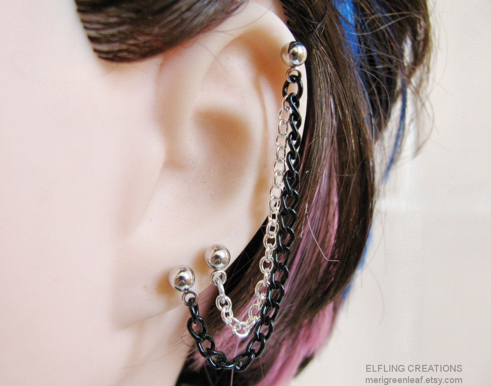 Silver and Black Double Chain Connecting Cartilage Earring or Ear Cuff