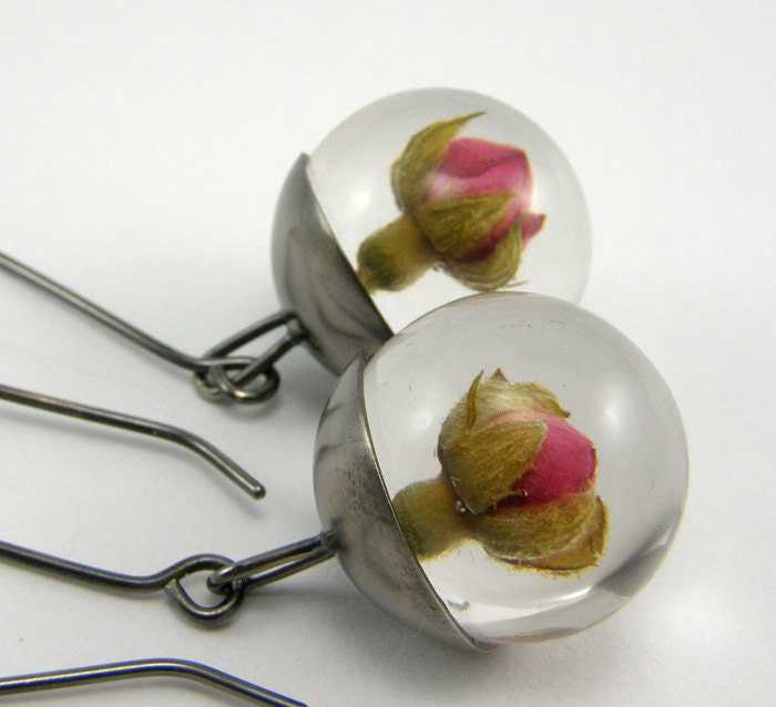 Pink Roses Resin Earrings, Resin and Silver Earrings, Floral Earrings