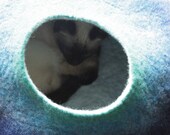 Cat Nap Cocoon / Cave / Bed / House / Vessel - Hand Felted Wool - Crisp Contemporary Design - READY TO SHIP Teal to Blue Bubble