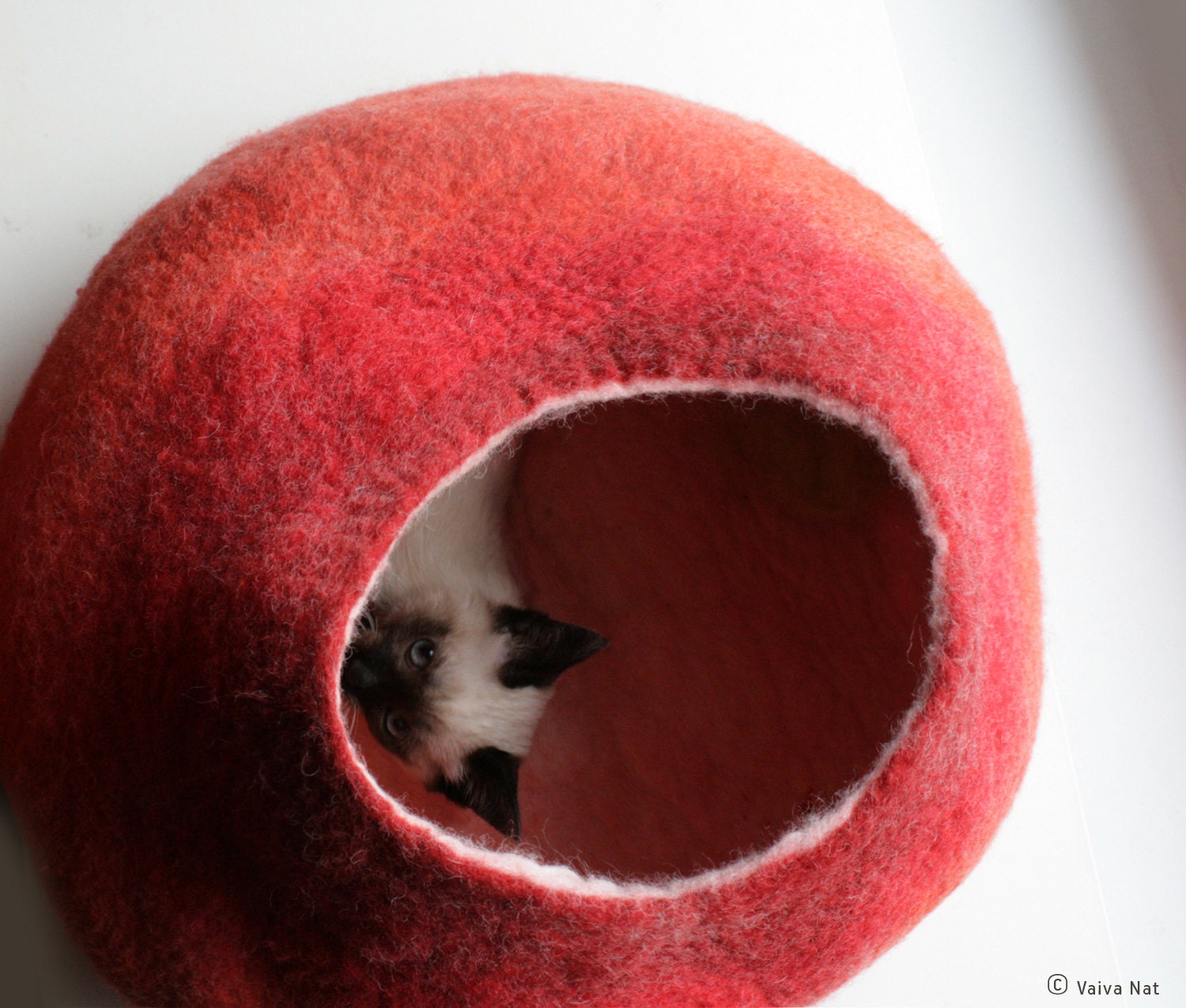 Cat Nap Cocoon / Cave / Bed / House / Vessel - Hand Felted Wool - Crisp Contemporary Design - READY TO SHIP Warm Orange Red Bubble