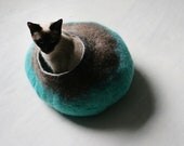 Cat Bed / Cave / House / Vessel - Hand Felted Wool - Teal Brown Bubble - Crisp Contemporary Design